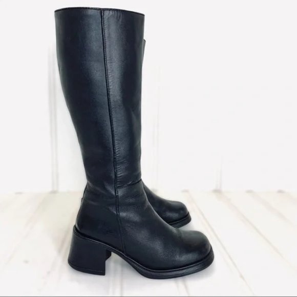 VINTAGE KNEE HIGH BLACK THICK LEATHER CHUNKY PLATFORM HEELS BOOTS SIDE ZIPPER - Picture 3 of 14